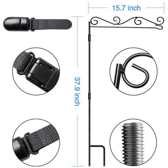 Garden Flag Stand Black Metal Powder-Coated Weather-Proof Paint, 37.9"H x 15.7"W - Picture 6 of 7